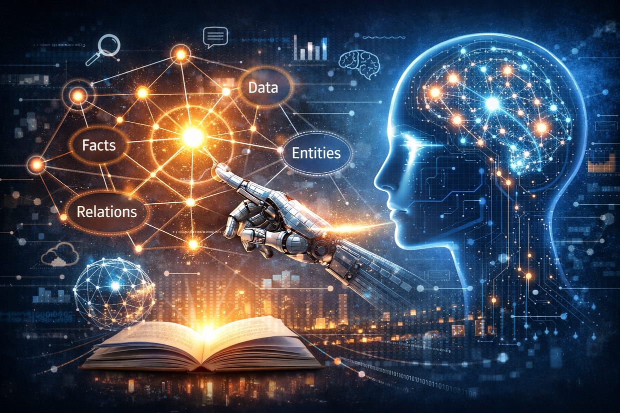 Fortschrittliche KI-Interaktion: Roboterhand tippt auf Netzwerkfelder mit Begriffen wie Daten, Fakten, Relationen, Entitäten; Open-Book-Elemente und Gehirn-Skizze im Hintergrund.
