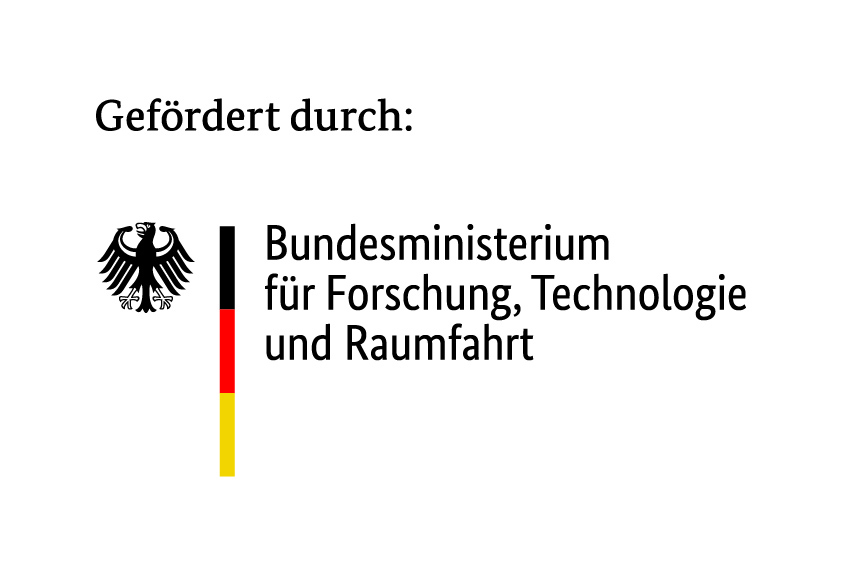Logo mit Text „Gefördert durch: Bundesministerium für Forschung, Technologie und Raumfahrt“ daneben Symbolflagge.