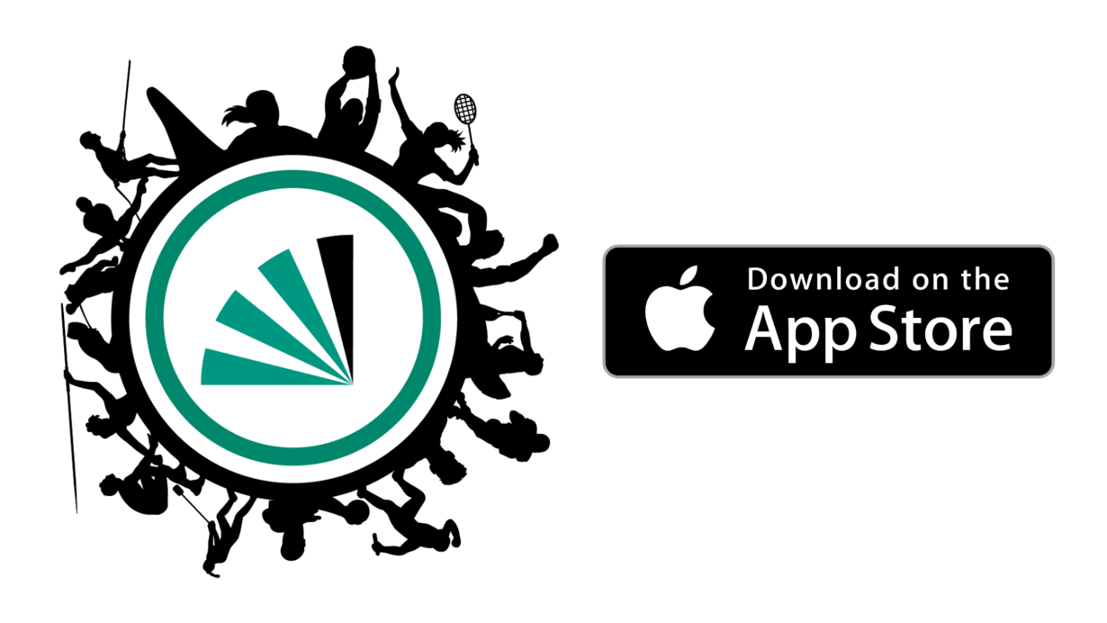 Download-Button für Apple App Store neben einem Kreis mit Silhouetten verschiedener Sportarten.