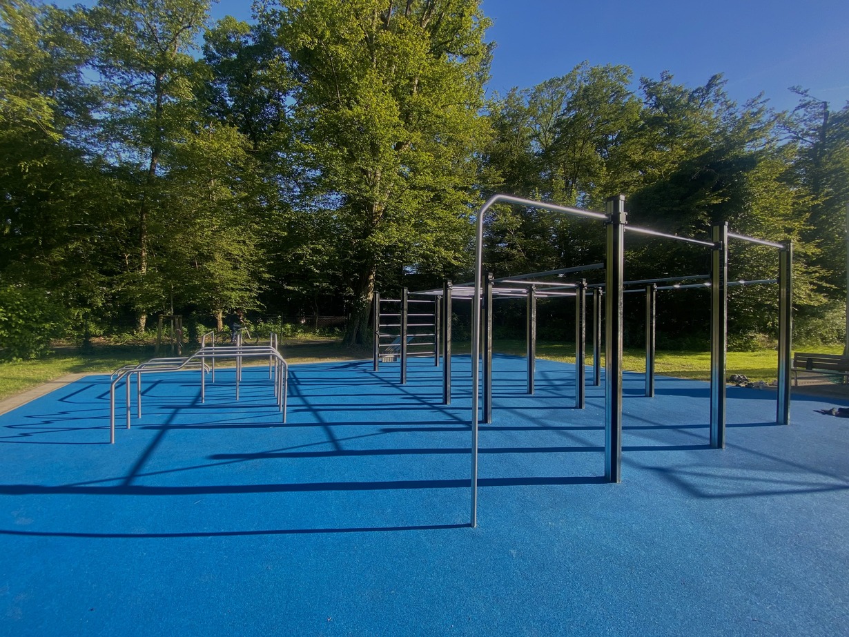 Calisthenics-Trainingsgeräte auf blauem Boden in einem parkähnlichen Gelände.
