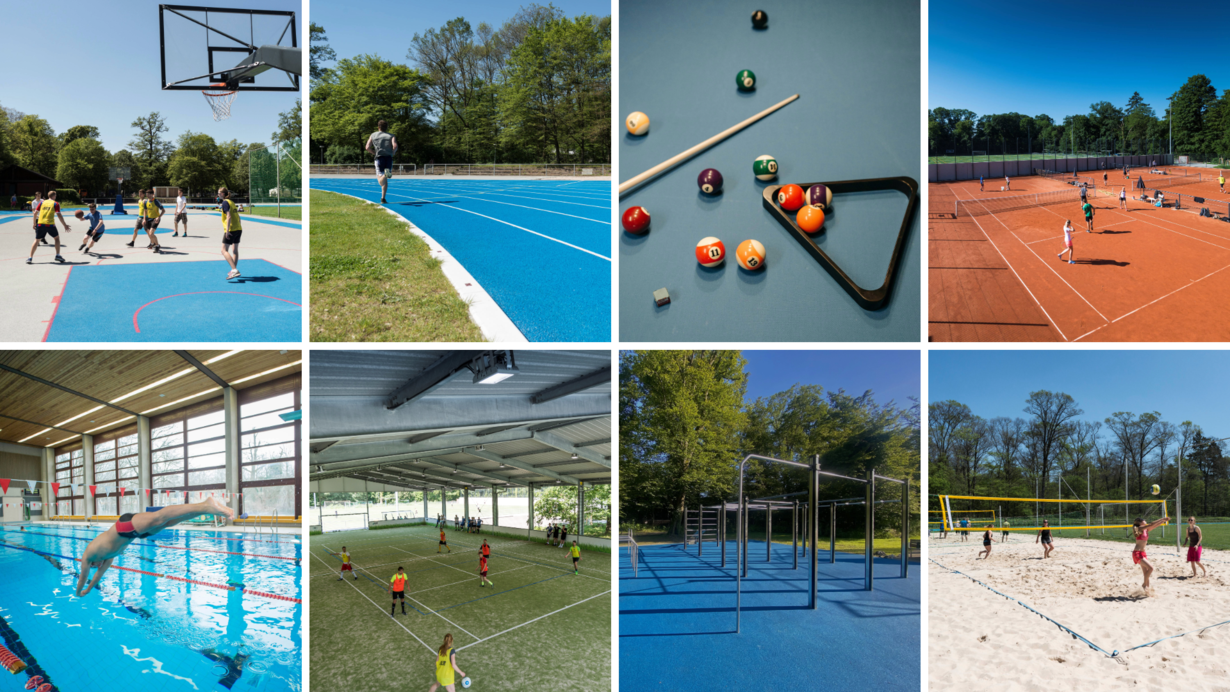 Basketballspiel, Laufbahn, Billardtisch, Tennisplatz, Schwimmbad, Hallenfußball, Fitnessgeräte, Beachvolleyball.